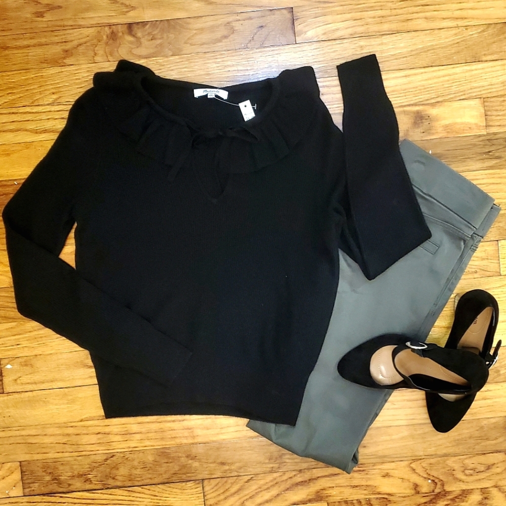Madewell Black Ruffle Tie Neck Sweater Size XS